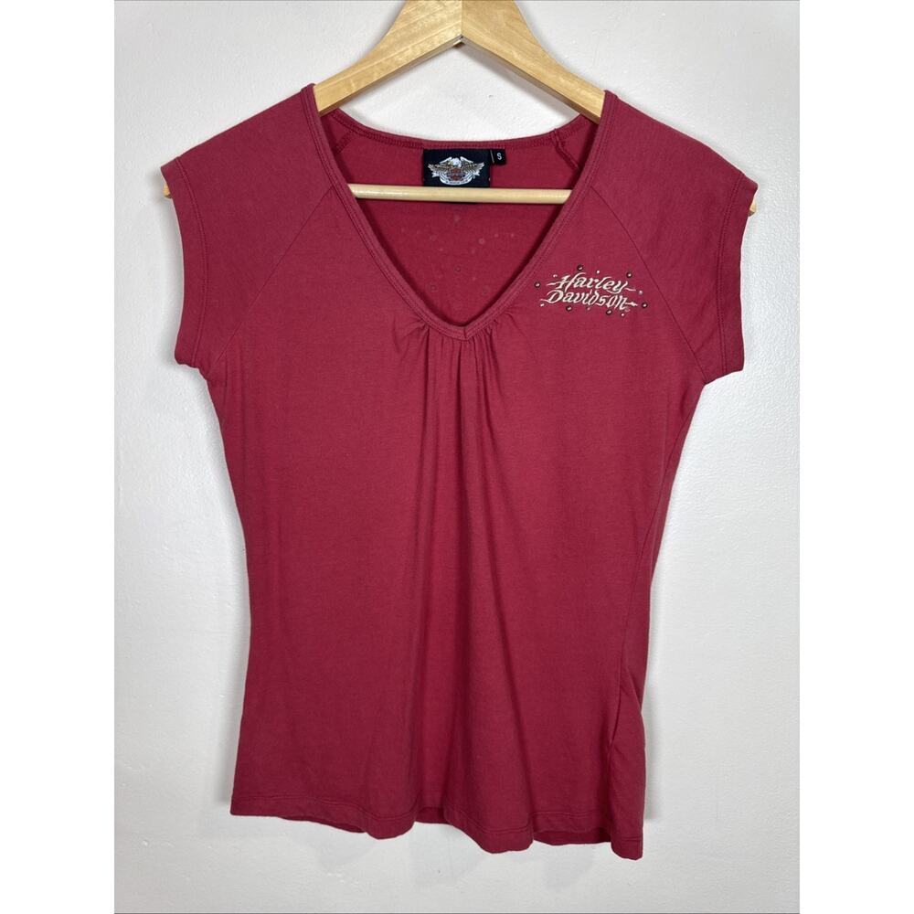 Harley Davidson Womens Baby Tee Shirt Studded V Neck Y2K Grunge 90s S Red